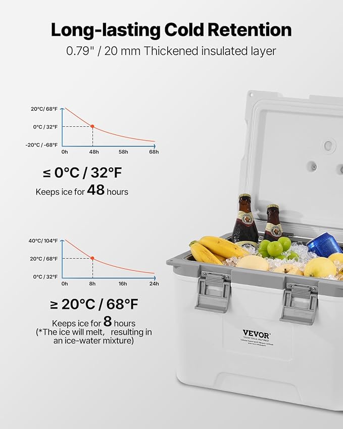 VEVOR Portable Cooler,Hard Cooler with Ice Retention, Heavy-Duty Handles and Strap, Lightweight Rigid Material Insulated Portable Cooler, Suitable for Family Picnics and Short Trips