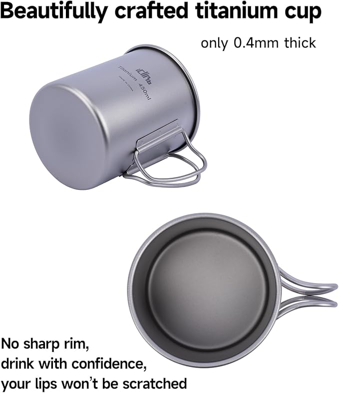 iClimb Titanium Cup Camping Coffee Mug Ultralight Compact with Foldable Handle (450ml)