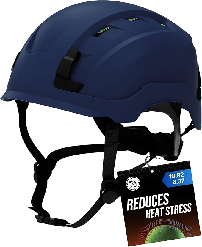 GE Safety Helmet, Impact Absorbing Tech, Adjustable Ratchet, ANSI Type 1, Memory Foam Padding, Hard Hats Protection, Lightweight, Durable, Chin Strap, Comfortable Fit OSHA Approved