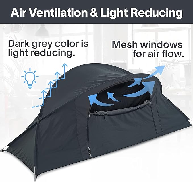 EighteenTek Bed Canopy Office Bed Tents Dream Tents Privacy Space Office Sleeping Tents Indoor One Person Lay Down NOT Sitting Pop Up Portable Frame Curtains Breathable Grey Cottage Grey 87"x28"x33"H