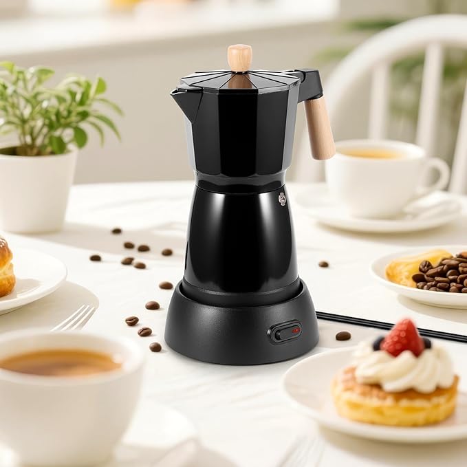 SHANGSKY Coffee Pot Electric Coffe Maker 6 Cup, Espresso Coffee Maker Cafeteras Electricas Italian Coffee Pot Espresso Makers Portable Aluminum Electric Mocha Pots (Wooden Handle,US 3-pin Plug)