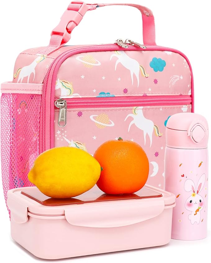 FlowFly Kids Lunch box Insulated Soft Bag Mini Cooler Back to School Thermal Meal Tote Kit for Girls, Boys, Unicorn