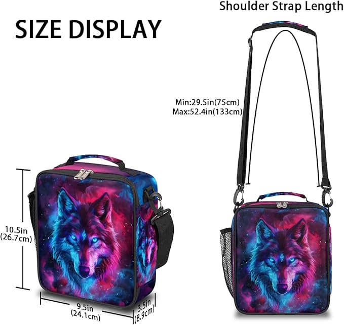 Wolf Lunch Box for Kids, Ethnic Wolf Space Galaxy Lunch Bag for Boys Girls, Reusable Insulated Waterproof Lunch Box with Adjustable Shoulder Strap Thermal Cooler Tote Bag for School Daycare Picnic