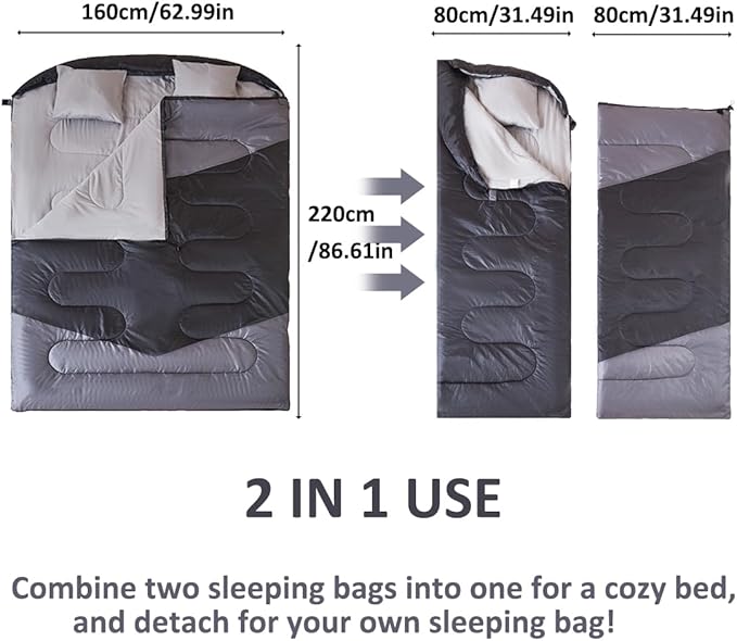 oaskys Double Sleeping Bag for Adults with 2 Pillows - Queen Size XL Waterproof Sleeping Bag for All Season Camping Hiking Backpacking 2 Person Sleeping Bags for Cold Weather & Warm
