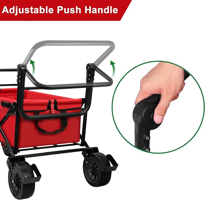 BEAU JARDIN Collapsible Foldable Push Pull Folding Beach Wagon 350lbs Heavy Duty Utility Camping Grocery Garden Sport Shopping Wagon Cart with All Terrain Big Sand Wheels and Brakes Red