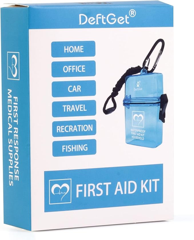 DEFTGET Waterproof First Aid Kit Travel Essentials HSA/FSA Eligible Small Emergency Survival Kits Mini Durable Lightweight for Minor Injuries Camping Hiking Backpacking (Aqua-Blue)