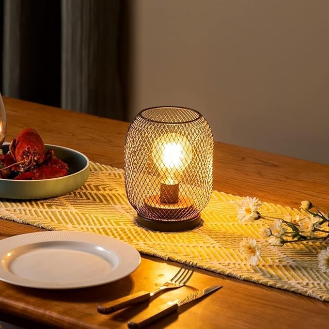 DECORKEY Set of 2 Battery Operated Lamp LED Table Lantern, Brown Metal Cage Cordless Lamps with LED Bulb，Vintage Decorative Outdoor Lantern for Weddings, Parties, Patio, Events for Indoors Shelf Decor