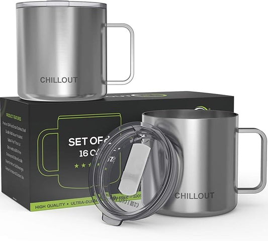 CHILLOUT LIFE Stainless Steel Vacuum Insulated Coffee Mug 16 oz (Set of 2) with Handle and Lid, Large Thermal Camping Coffee Mugs with Sliding Lid for Men & Women, Keeps Your Beverages Hot & Cold
