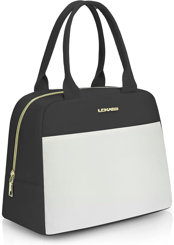 LOKASS Lunch Bag for Women-Insulated Adults Lunch Box with Front Pocket- Small Cute Lunch Tote for Work-Reusable Cooler Bag for Office Picnic Beach or Travel（Black）