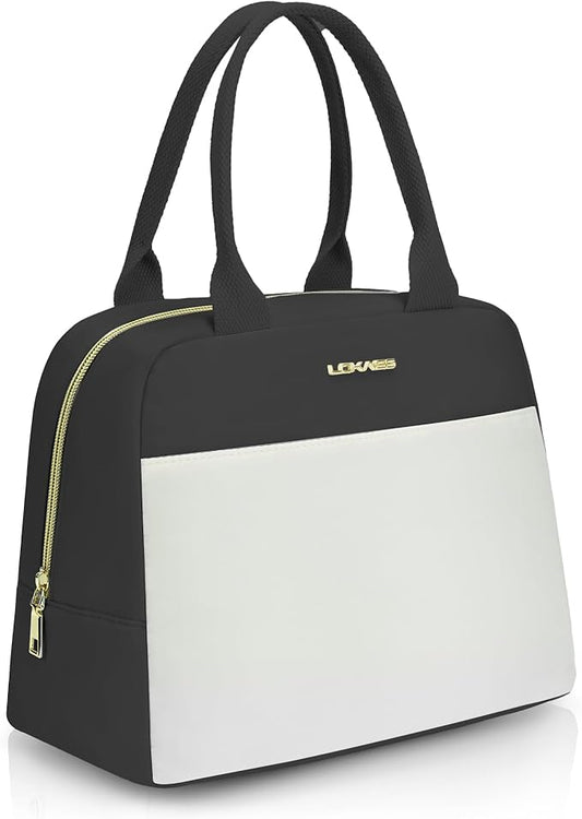 LOKASS Lunch Bag for Women-Insulated Adults Lunch Box with Front Pocket- Small Cute Lunch Tote for Work-Reusable Cooler Bag for Office Picnic Beach or Travel（Black）