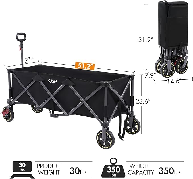 PORTAL 51.2" Long Wagons Carts Foldable with Brakes, Large Foldable Wagon with Cargo Net, Side Pocket, Cup Holders, 350 LBs Heavy Duty Utility Grocery Wagons for Sports, Camping