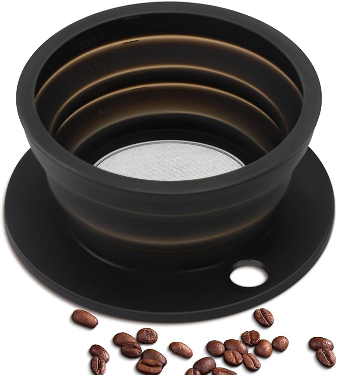 Paperless Collapsible Pour Over Coffee Dripper - Reusable Silicone Coffee Filter Pour Over for Travel and Camping - Single Cup Drip Coffee Maker Pour Over with Metal Mesh Coffee Filter (Black)