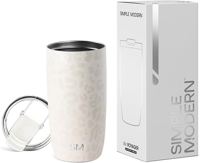 Simple Modern Travel Coffee Mug Tumbler with Flip Lid | Reusable Insulated Stainless Steel Cold Brew Iced Coffee Cup Thermos | Gifts for Women Men Him Her | Voyager Collection | 16oz | Cream Leopard