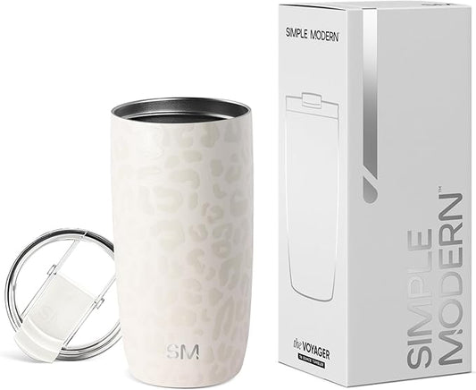 Simple Modern Travel Coffee Mug Tumbler with Flip Lid | Reusable Insulated Stainless Steel Cold Brew Iced Coffee Cup Thermos | Gifts for Women Men Him Her | Voyager Collection | 16oz | Cream Leopard