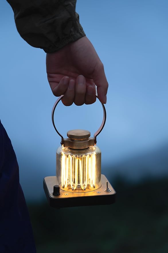 Barebones Block Tower Lantern – Rechargeable LED Lantern with Adjustable Brightness, Candle Flicker Mode, Brass & Copper Finish, Portable Light for Indoor and Outdoor Use