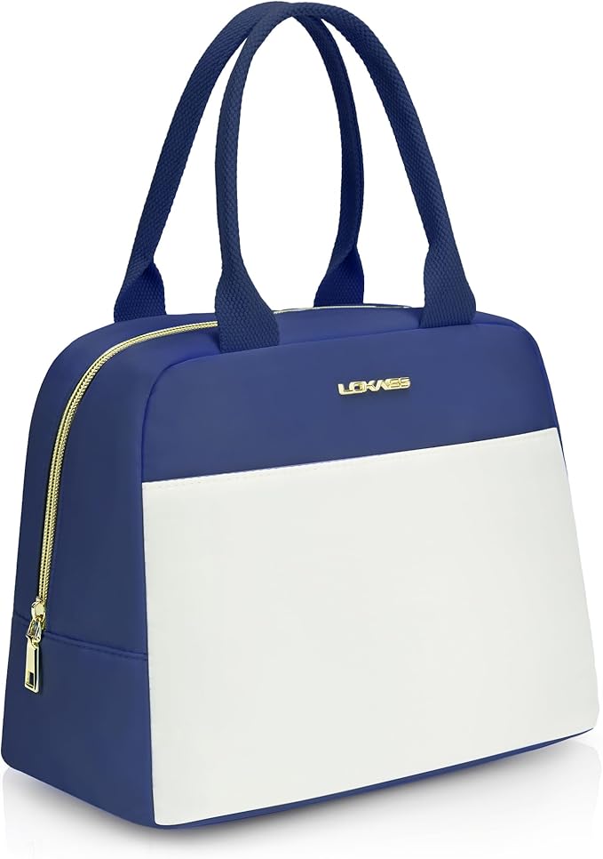 LOKASS Lunch Bag for Women-Insulated Adults Lunch Box with Front Pocket- Small Cute Lunch Tote for Work-Reusable Cooler Bag for Office Picnic Beach or Travel（Dark Blue）