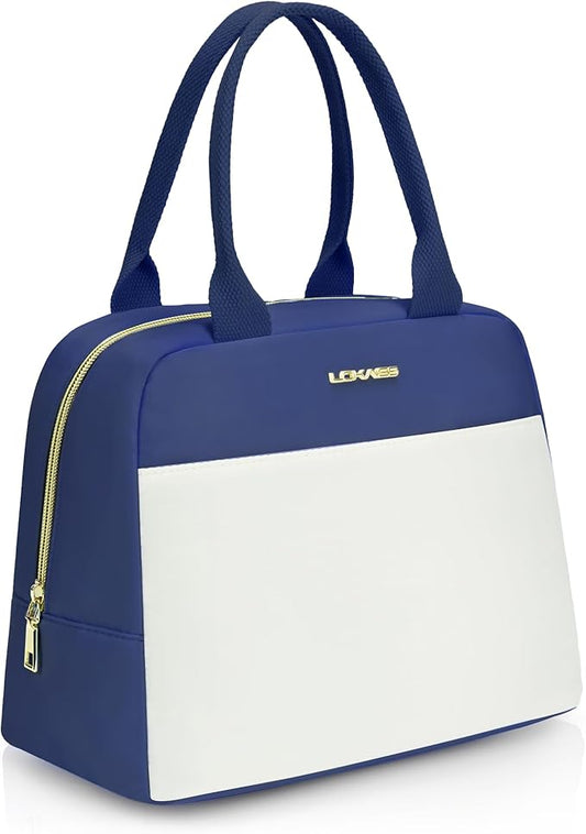 LOKASS Lunch Bag for Women-Insulated Adults Lunch Box with Front Pocket- Small Cute Lunch Tote for Work-Reusable Cooler Bag for Office Picnic Beach or Travel（Dark Blue）
