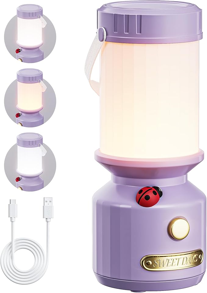 HOMY Retro 7-Star Ladybug Camping Lamp for Kids - USB Rechargeable Kids Lantern, 3-Color Dimmable LED, Tent Hook & Handle, Safe Night Light for Outdoor/Kids Camping Essentials