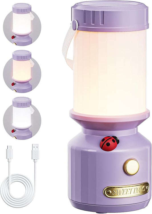 HOMY Retro 7-Star Ladybug Camping Lamp for Kids - USB Rechargeable Kids Lantern, 3-Color Dimmable LED, Tent Hook & Handle, Safe Night Light for Outdoor/Kids Camping Essentials