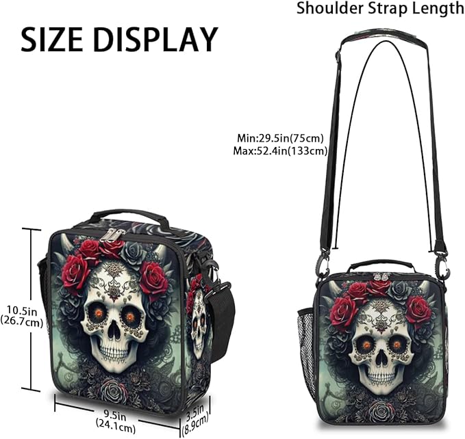 Goth Skull Insulated Lunch Bag for Girls Boys Teen Skeleton Flower Reusable Lunch Box with Shoulder Strap Freezable Thermal Cooler Bag Meal Prep Boxs for School Travel Picnic Beach Lunch Pail