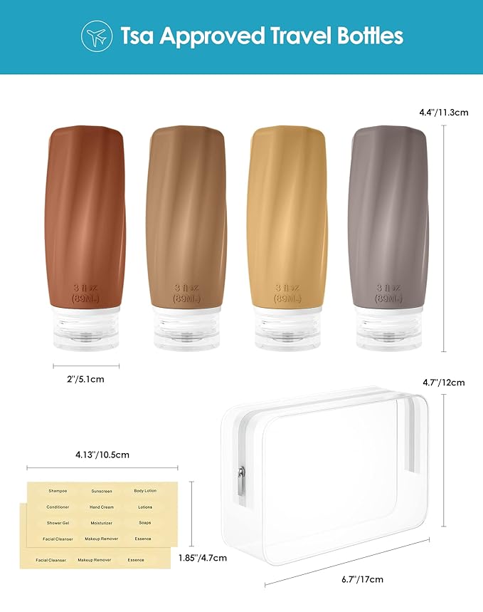 Morfone Travel Bottles for Toiletries, 3oz Tsa Approved Travel Size Containers Leak Proof Squeezable Travel Accessories Refillable for Shampoo Conditioner Lotion Liquids(Brown)