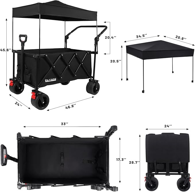 2 in 1 Collapsible Wagon with 300lbs Weight Capacity,150L Heavy Duty Utility Cart with Removable Canopy,with Big All-Terrain Beach Wheels & Drink Holders,Black