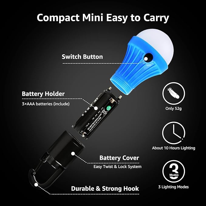 Lepro LED Camping Lantern, Camping Essentials, 3 Lighting Modes, Hanging Tent Light Bulbs with Clip Hook for Camping, Hiking, Hurricane, Storms, Outages, Collapsible, Batteries Included, 4 Packs