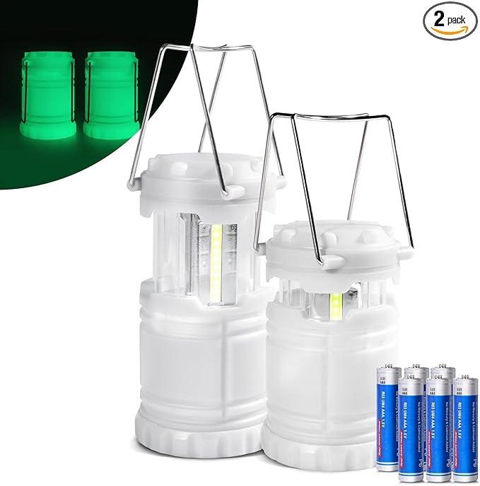 KUNHE 2 Pack LED Glow-in-The-Dark Camping Lanterns Battery Powered (Includes 6 AA Batteries) 350 Lumens IPX4 Water Resistant Portable Lights for Emergency Hurricane Storms and Outages