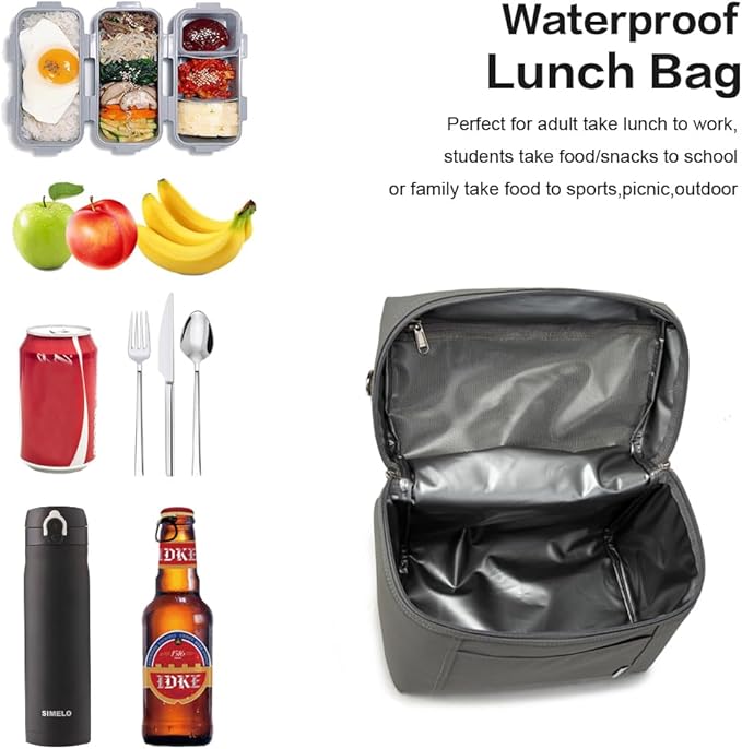 NOL Natural Organic Lifestyle Insulated Lunch Bags for Women Cooler Bag Lightweight Nylon Waterproof Lunch Box For Work (Cool gray, Medium(normal))