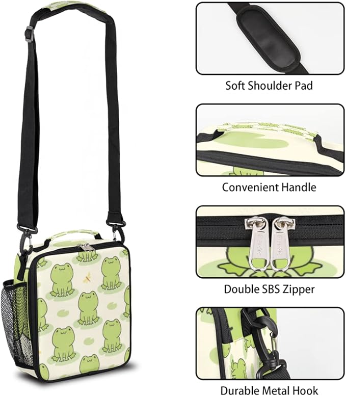 Pardick Cute Frog Kids Lunch Bag Animal Green Frogs Insulated Lunch Box for Boys Girls Waterproof Lunch Bento Tote Bags Thermal Lunchbox School Lunchbox Insulated with Shoulder Strap