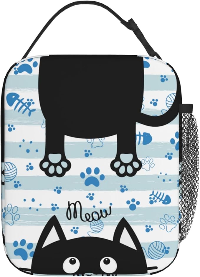 Black Cat Lunch Box for Kids Boys Girls, Blue and White Striped Cat Paws Insulated Lunch Bag for Women Men, Leakproof Durable Lunch Cooler for School Work Picnic