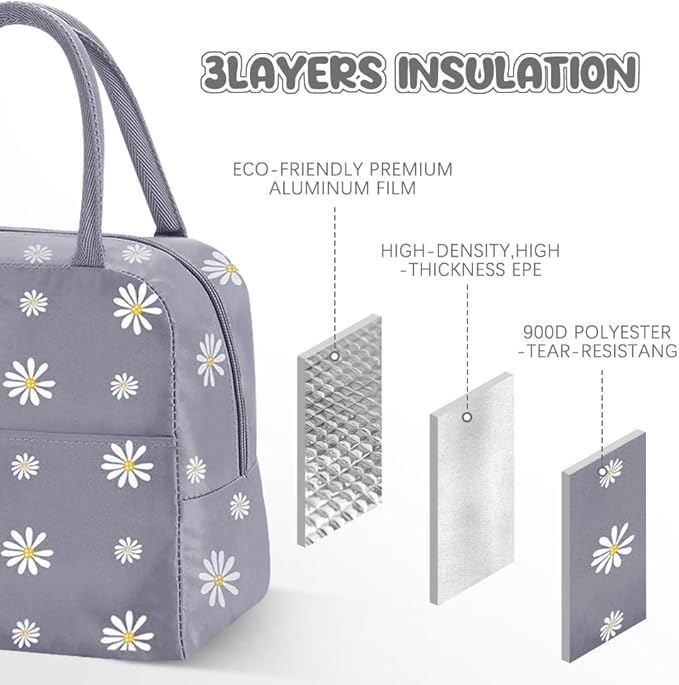 Reusable Insulated Lunch Bag for Women/Men/Adult Portable Thermal Lunch Box Tote Bag Small Lunch Bag with Daisy Pattern for Work & Any Occasion