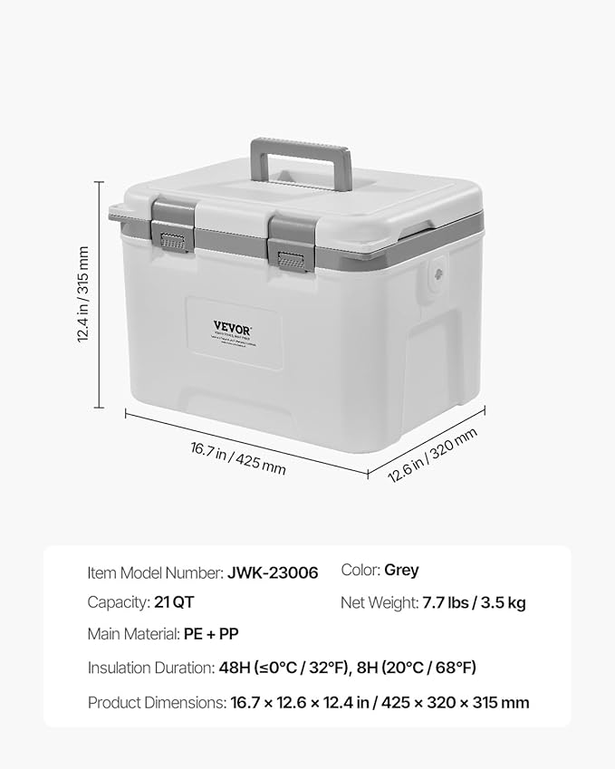 VEVOR Portable Cooler,Hard Cooler with Ice Retention, Heavy-Duty Handles and Strap, Lightweight Rigid Material Insulated Portable Cooler, Suitable for Family Picnics and Short Trips