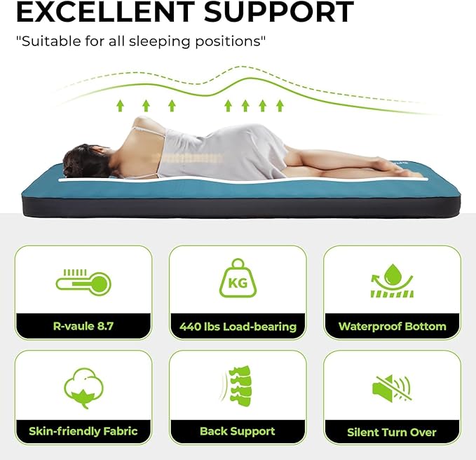 FUNDANGO Queen Sleeping Pad for Camping, 2 Person Self-Inflating Air Mattress Cot, Foldable Camping Mat with Pump Sack Bag, Camping Essentials for Tents Car, Outdoor & Home