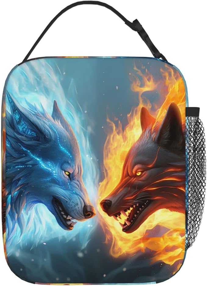 SARA NELL Wolf Insulated Lunch Bag Cool Ice and Fire Wolf Lunch Cooler Box for Women Men Teens Kids, Reusable Lunch Tote Bag, Leakproof Insulated Lunch Bags for Work, Picnic, School or Travel