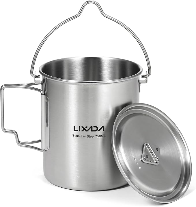 Lixada 750ml Camping Cup Pot Cup Stainless Steel Water Cup Mug with Foldable Spoon for Outdoor Camping Hiking Backpacking
