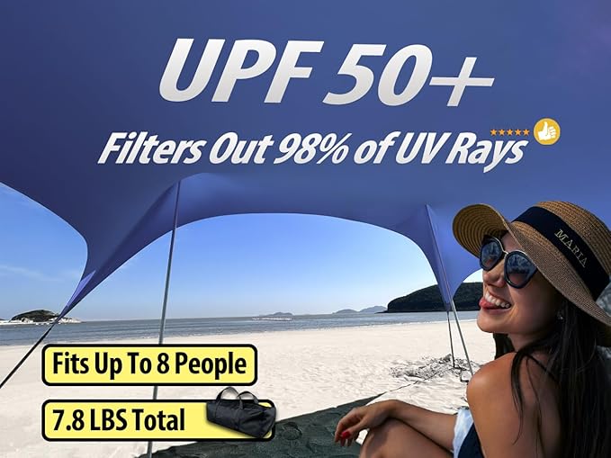 10×10ft UPF50+ Beach Tent Sun Shelter, Windproof Stable Outdoor Pop Up Beach Shade Canopy for Camping, Fishing, Backyard Fun or Picnics, 2 Poles