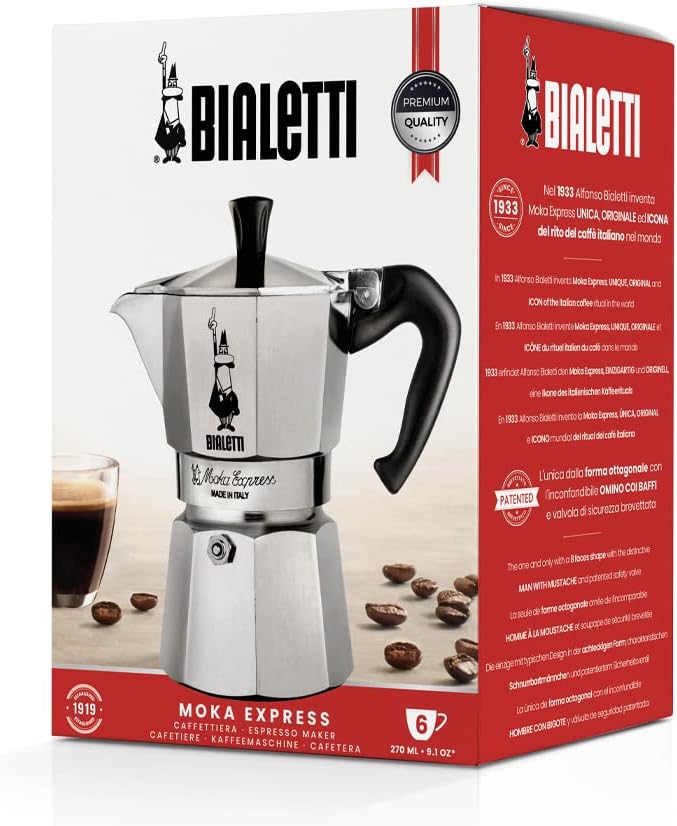 Bialetti Moka Express Iconic Italian Stovetop Espresso Maker 6 Cups, Aluminium, Silver