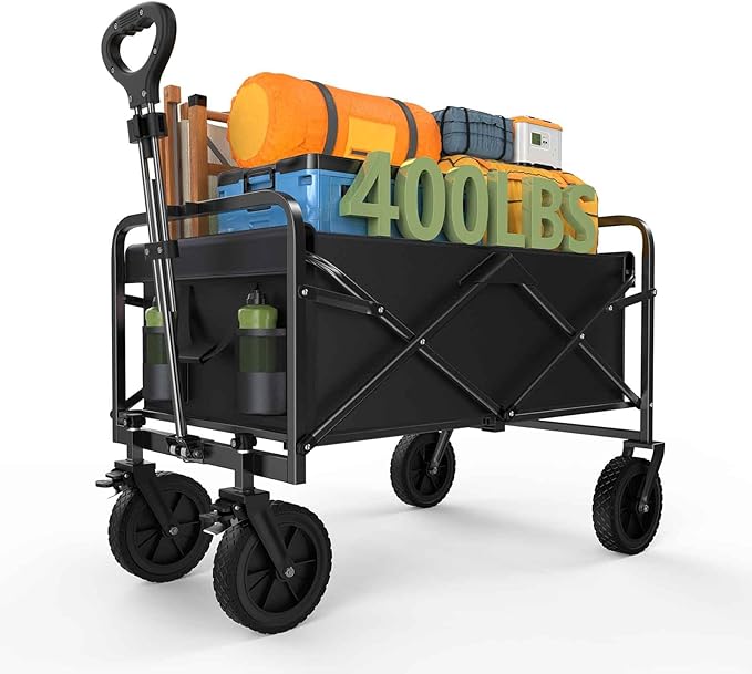 Collapsible Wagon Cart Foldable, 35" L Folding Beach Wagon with All-Terrain Wheels, Shopping Cart with 350lbs Capacity, Portable Camping Wagons Carts for Grocery Garden and Sports, Modern Black