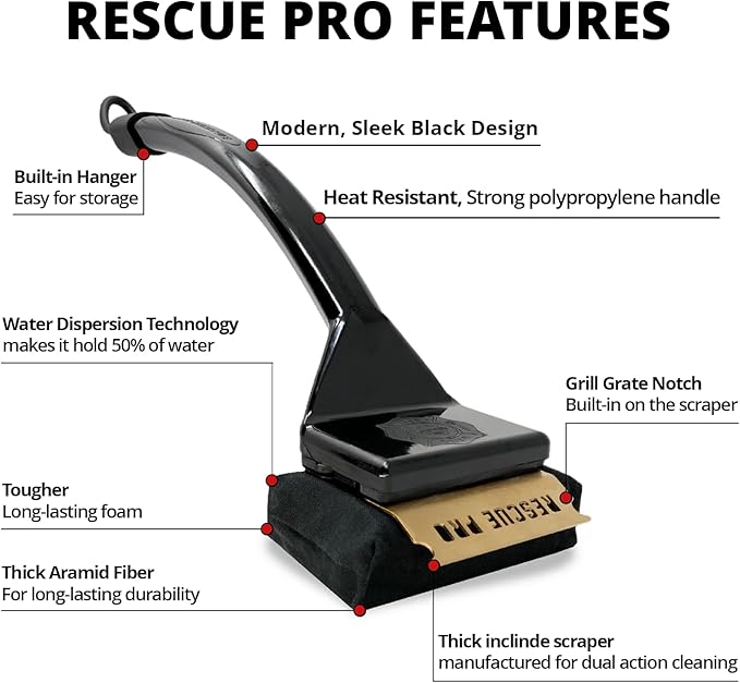 Grill Rescue BBQ Replaceable Scraper Cleaning Head, [Rescue-Upgraded], Bristle Free, Durable and Unique Scraper Tools for Cast Iron or Stainless-Steel Grates, Barbecue Cleaner (Rescue Pro)