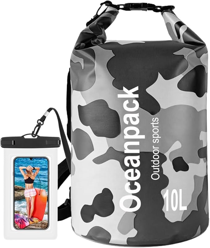Waterproof Dry Bag 2L/5L/10L/20L/30L, Dry Sack for Kayaking Rafting Boating Beach Surfing Swimming, Camping, Hiking, Beach, Fishing Gray Backpack with Waterproof Phone Case