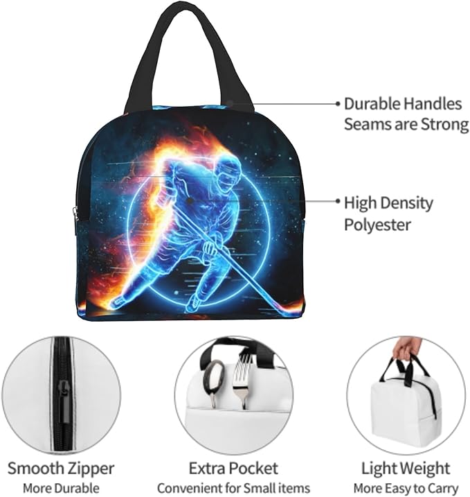 Giwawa Ice Hockey Lunch Bag for Kids Teens Red Fire Player Insulated Lunch Box with Front Pocket Reusable Thermal Cooler Lunch Tote Bag for Girls Boys School Students Men Women Picnic