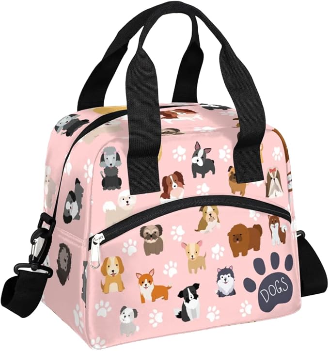 Dog Lunch Bag Dog Paws Pink Lunch Box for Women Girls, Reusable Insulated Leakproof Meal Prep Organizer Tote Thermal Cooler Bag with Shoulder Strap for Kids Adult School Work Office Picnic