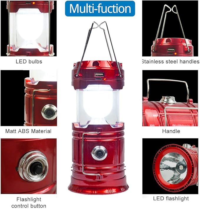 Solar Camping Lantern Rechargeable USB,COB LED Lantern Flashlight 2 Power Supply Modes Survival Kit for Emergency, Hurricane(Red 2 Pack)