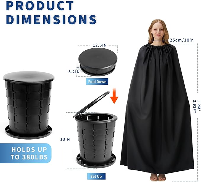 Portable Toilet Kit for Adults, Retractable Camping Toilet with Wearable Privacy Tent Outdoor Travel Toilet with Privacy Shelters Folding XL Potty with Adjustable Height for Hiking,Car,RV