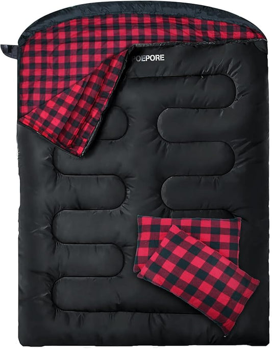 Double Sleeping Bag Flannel for Adults with 2 Pillows 2 Person Sleeping Bags Camping XXL Queen Size Two Person Sleeping Bag for Cold Weather