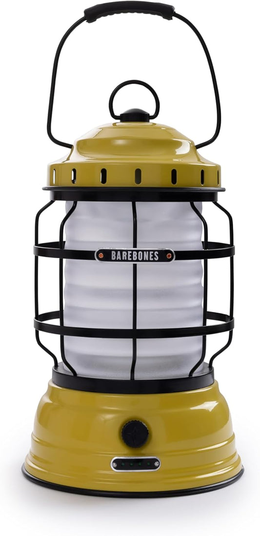 Barebones Forest Lantern – Dusty Yellow, Vintage Rechargeable LED Lantern with Adjustable Brightness – Battery Operated Camping Light for Outdoor Adventures, Backyard Gatherings, and Emergency Use