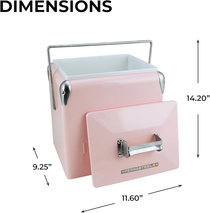 Permasteel 14-Qt Small Retro Vintage Ice Chest - Hard Metal Portable Beverage Cooler for Camping, Beach, and Picnic - Classic Style Personal Cooler, Pink