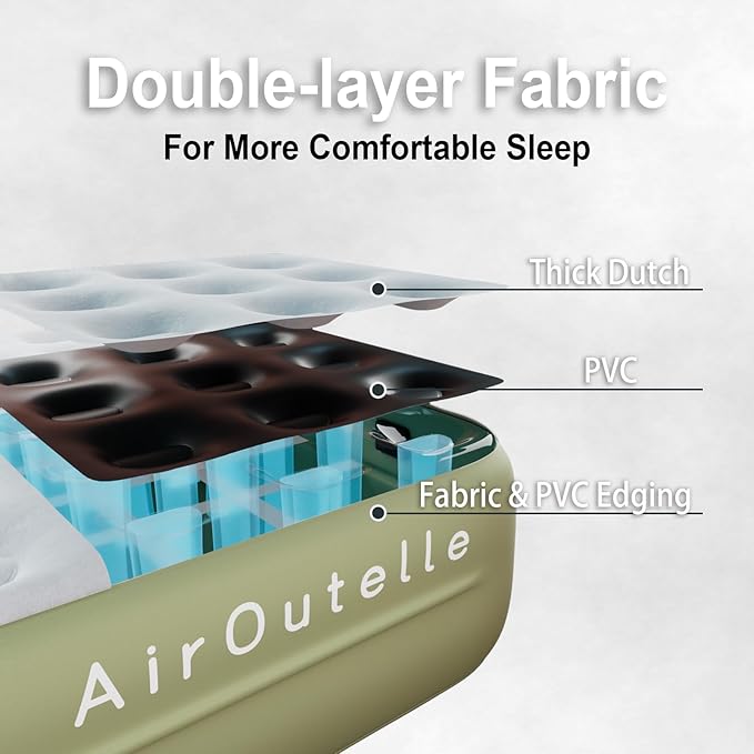 Air Mattress with Battery Pump, Rechargeable USB-C Electric Pump, Dutch Velvet Surface Self Inflatable Mattress Queen, Portable Air Bed for Camping, Indoor and Outdoor (18" Green)