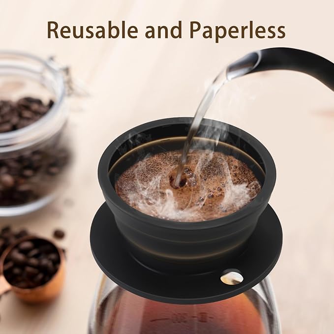Paperless Collapsible Pour Over Coffee Dripper - Reusable Silicone Coffee Filter Pour Over for Travel and Camping - Single Cup Drip Coffee Maker Pour Over with Metal Mesh Coffee Filter (Black)